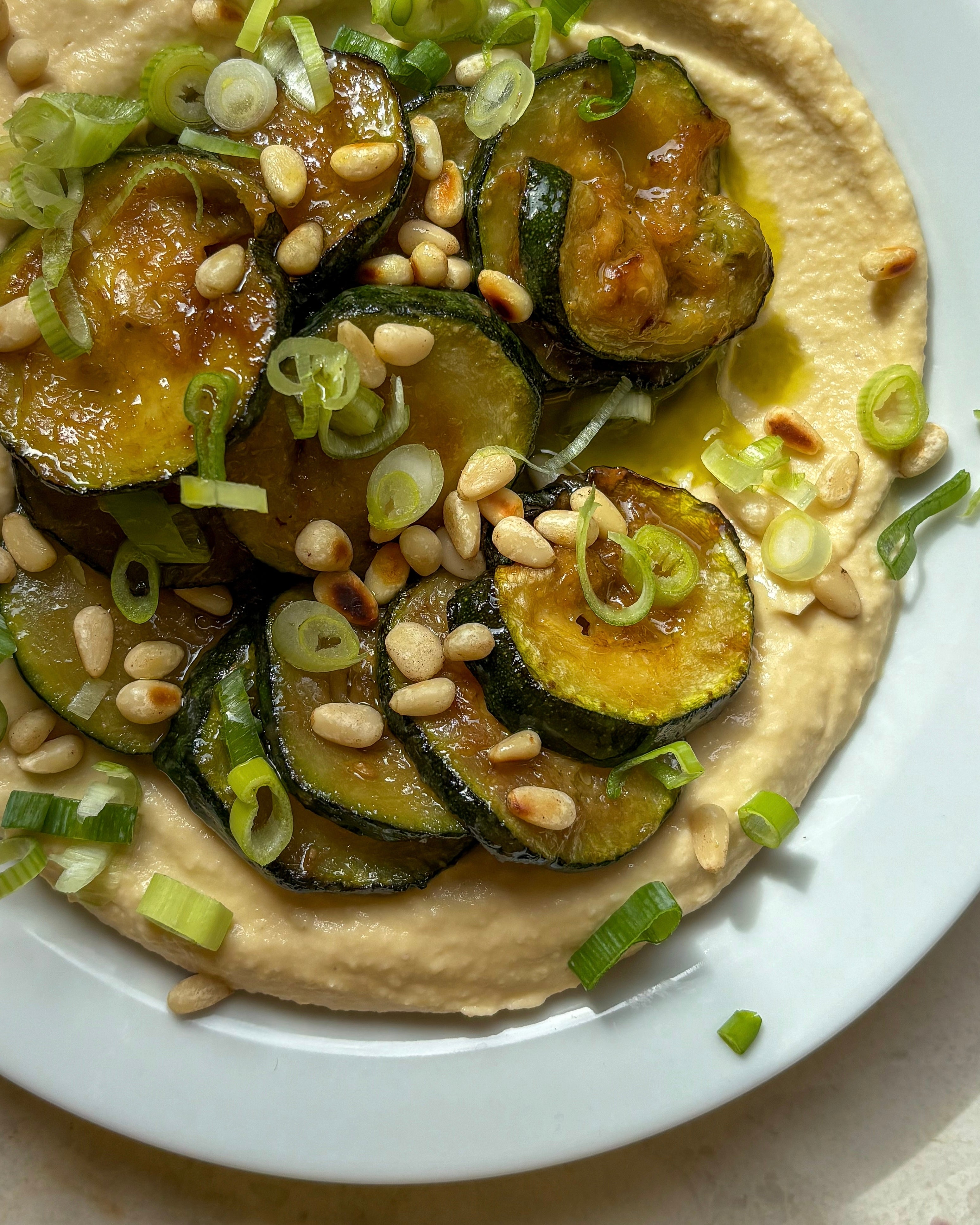 Miso Hummus with Umami Courgette + Pine Nuts