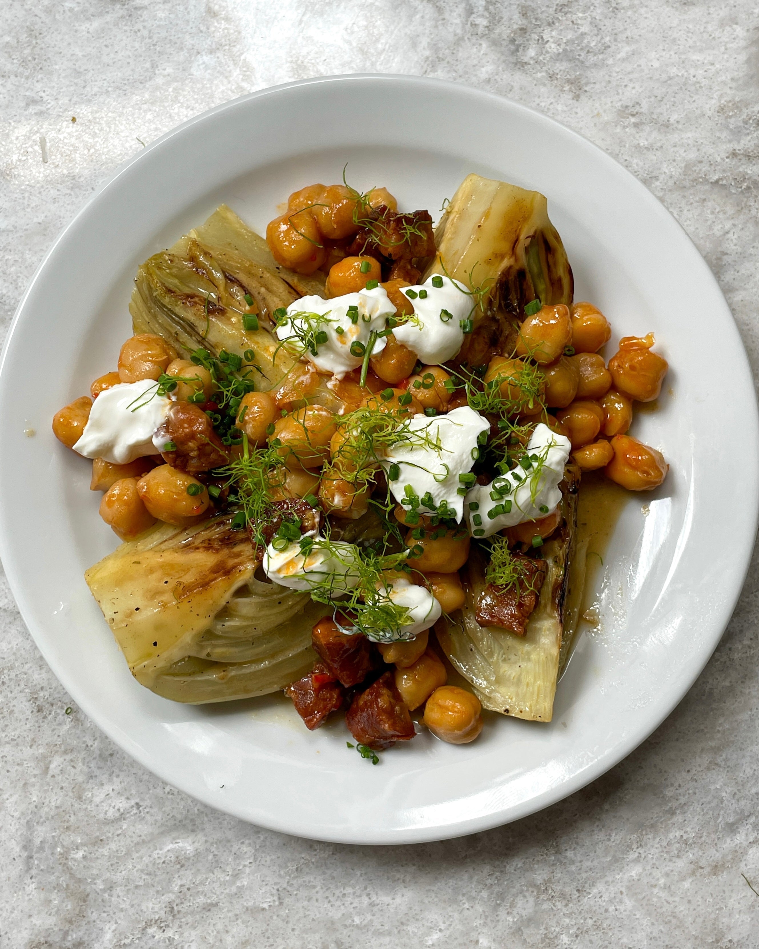 Braised Fennel with Spicy Chickpeas, Chorizo + Goat's Curd