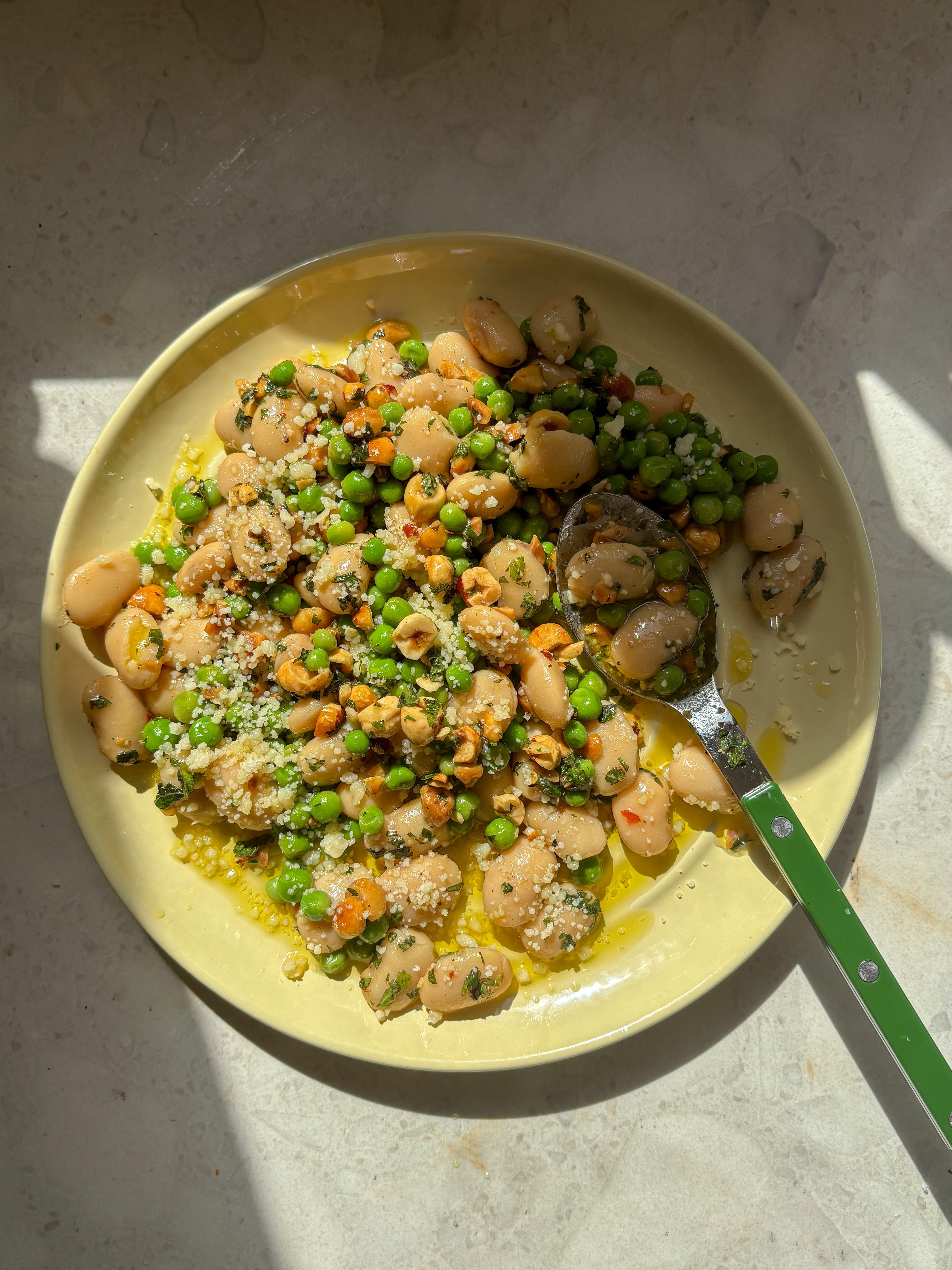 Lemony Peas + Butter Beans with Toasted Hazelnuts, Mint, Chilli + Parmesan