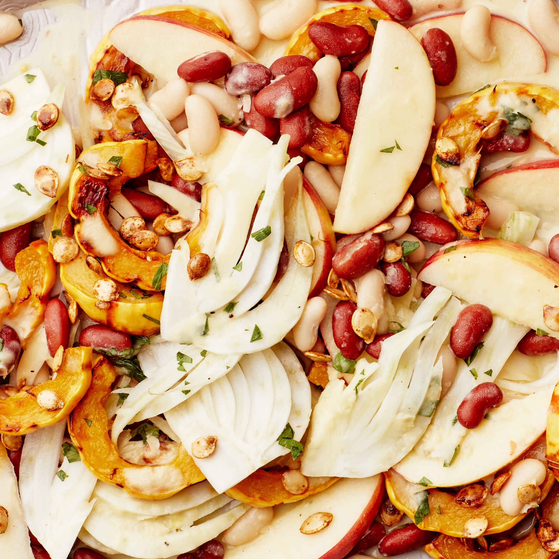 Bean and vegetable salad with potlikker vinaigrette on large platter