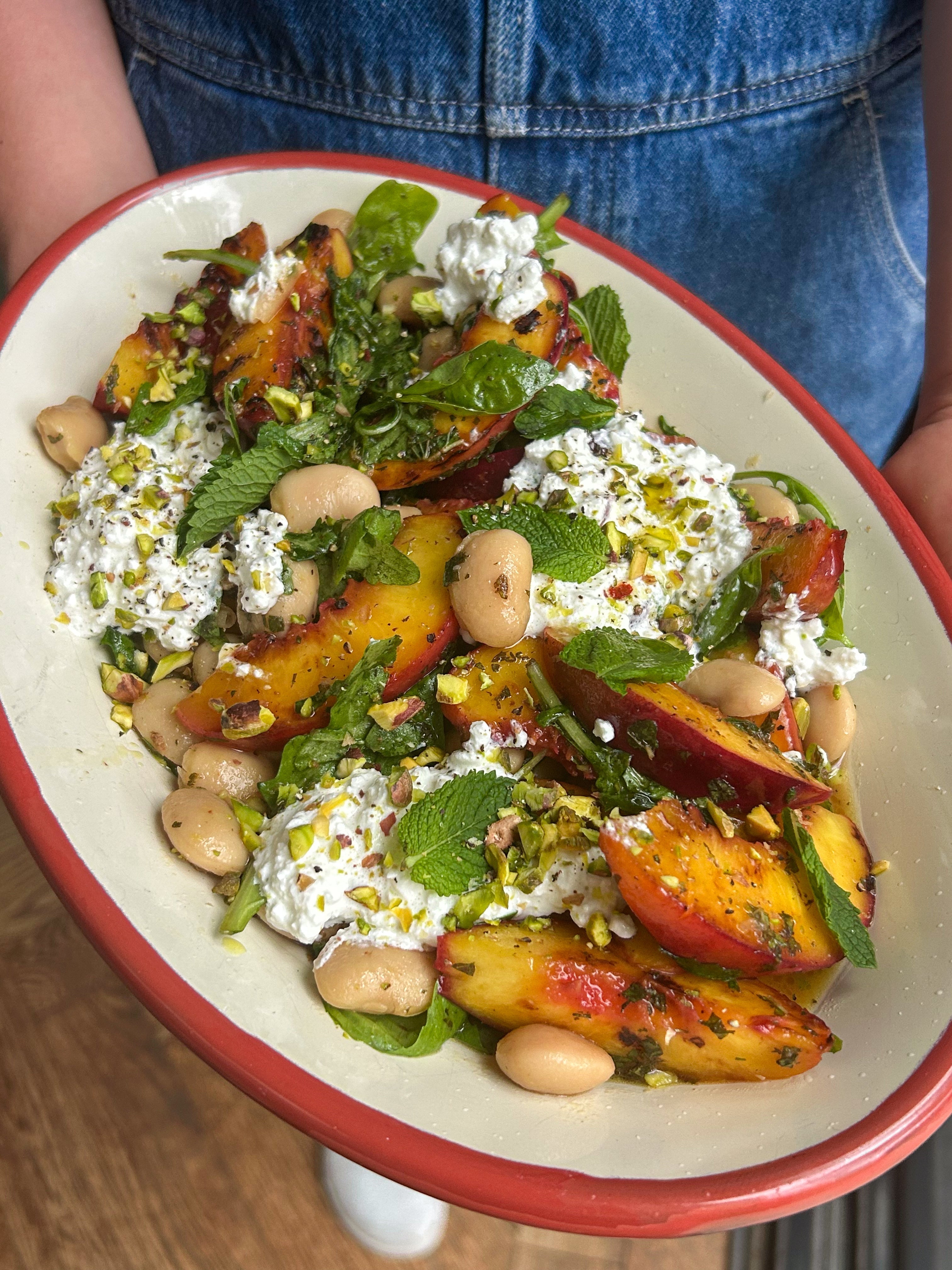 Grilled Peach, Butter Bean + Creamy Cottage Cheese Salad with Fresh Basil + Toasted Pistachios