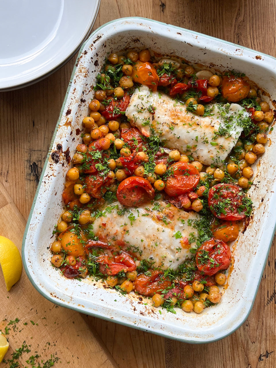 Slow Roasted Confit Tomato, Chickpea + Hake Traybake