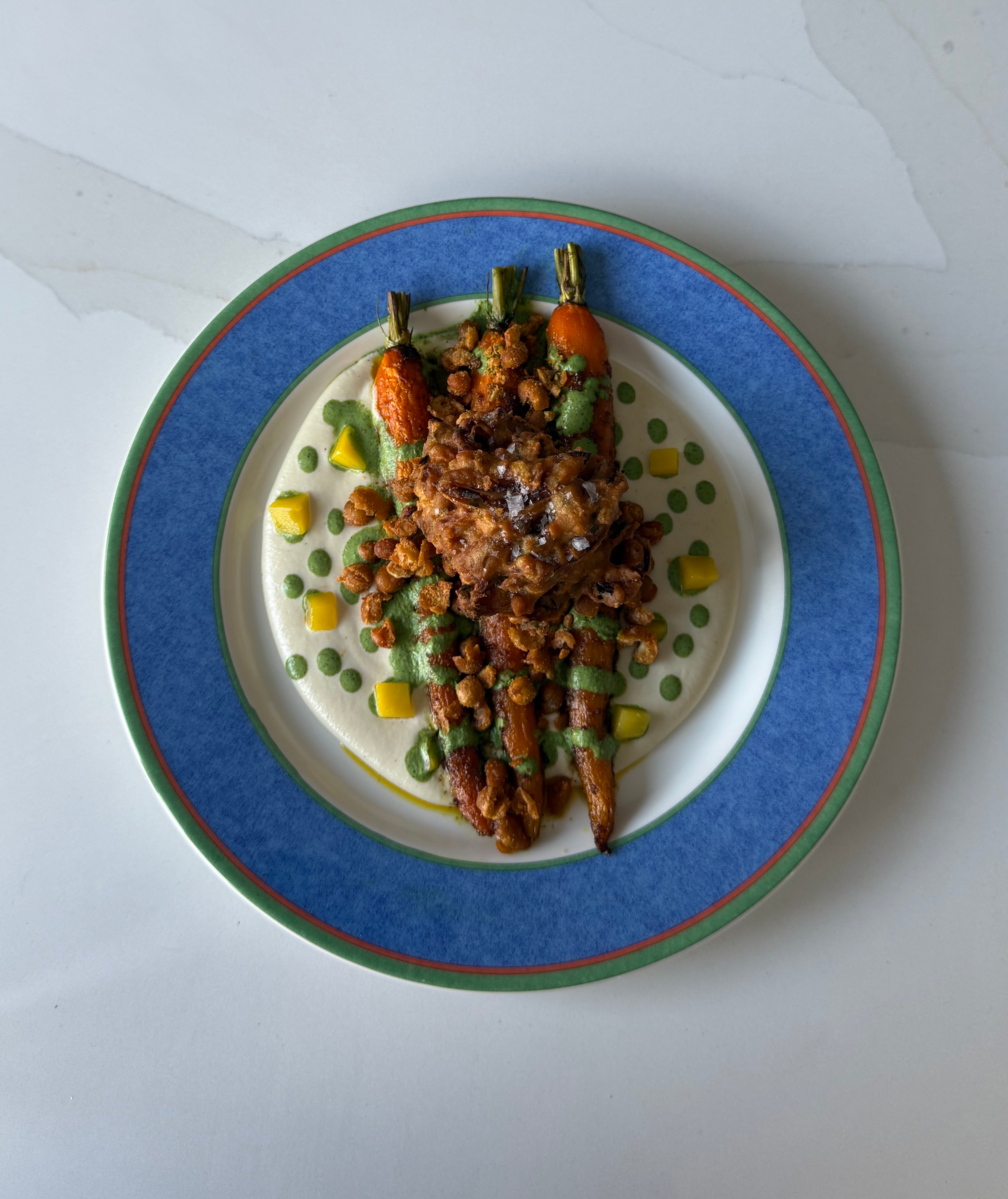 Garam Masala Carrots with Onion Bhaji, Cashew Purée, Chickpea Dukkah + Pickled Mangos