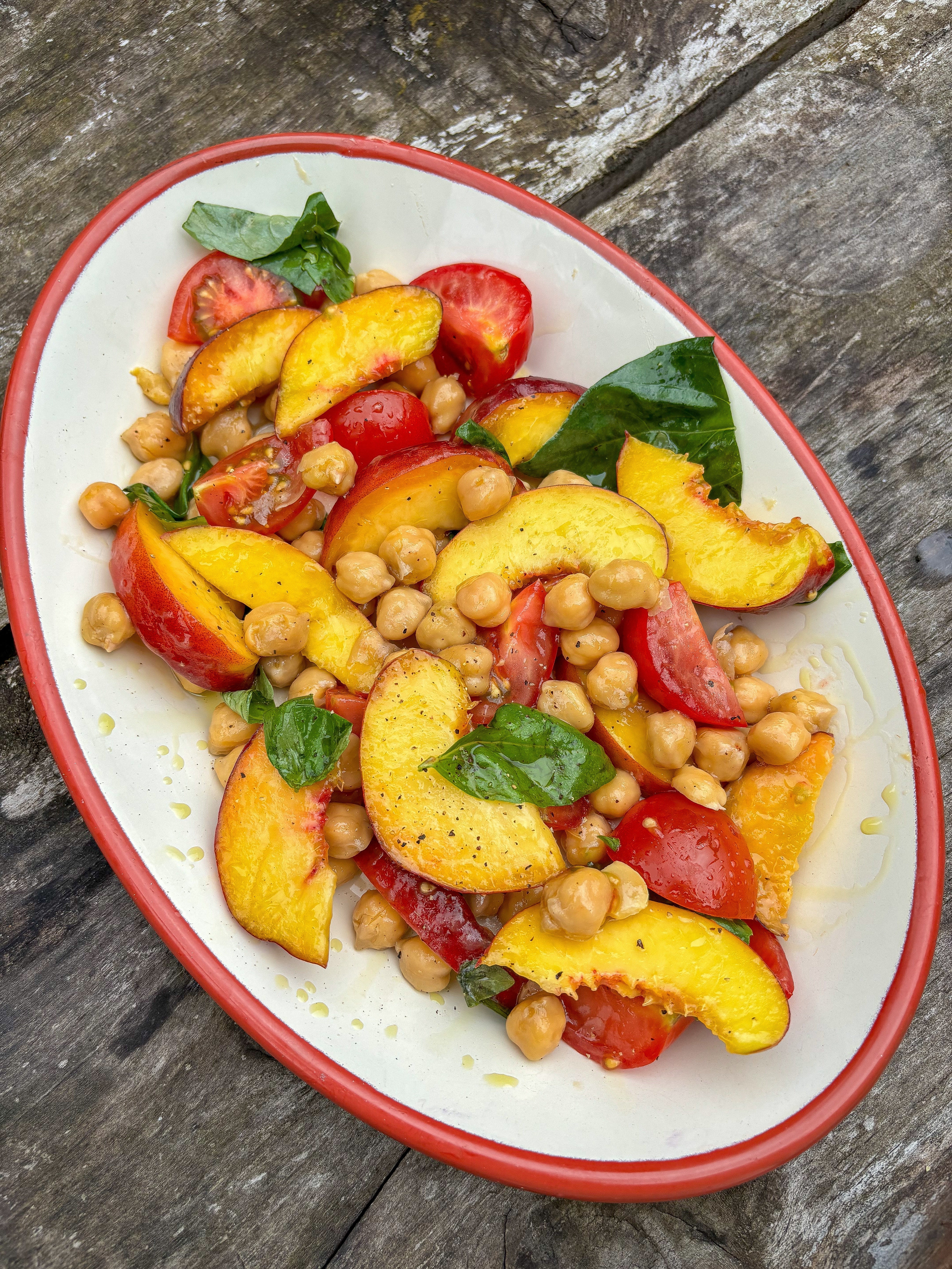 Tomato, Peach + Chickpea Salad with Fresh Basil