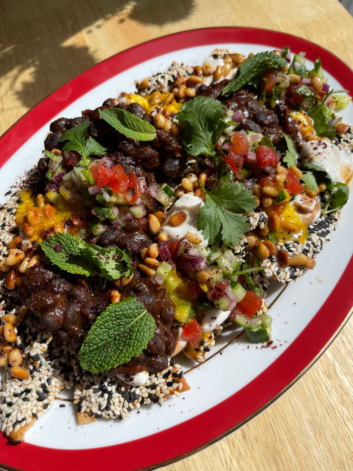 Black Bean Loaded Fatteh Nachos with Buttery Pine Nuts   Black Bean Loaded Fatteh Nachos with Buttery Pine Nuts