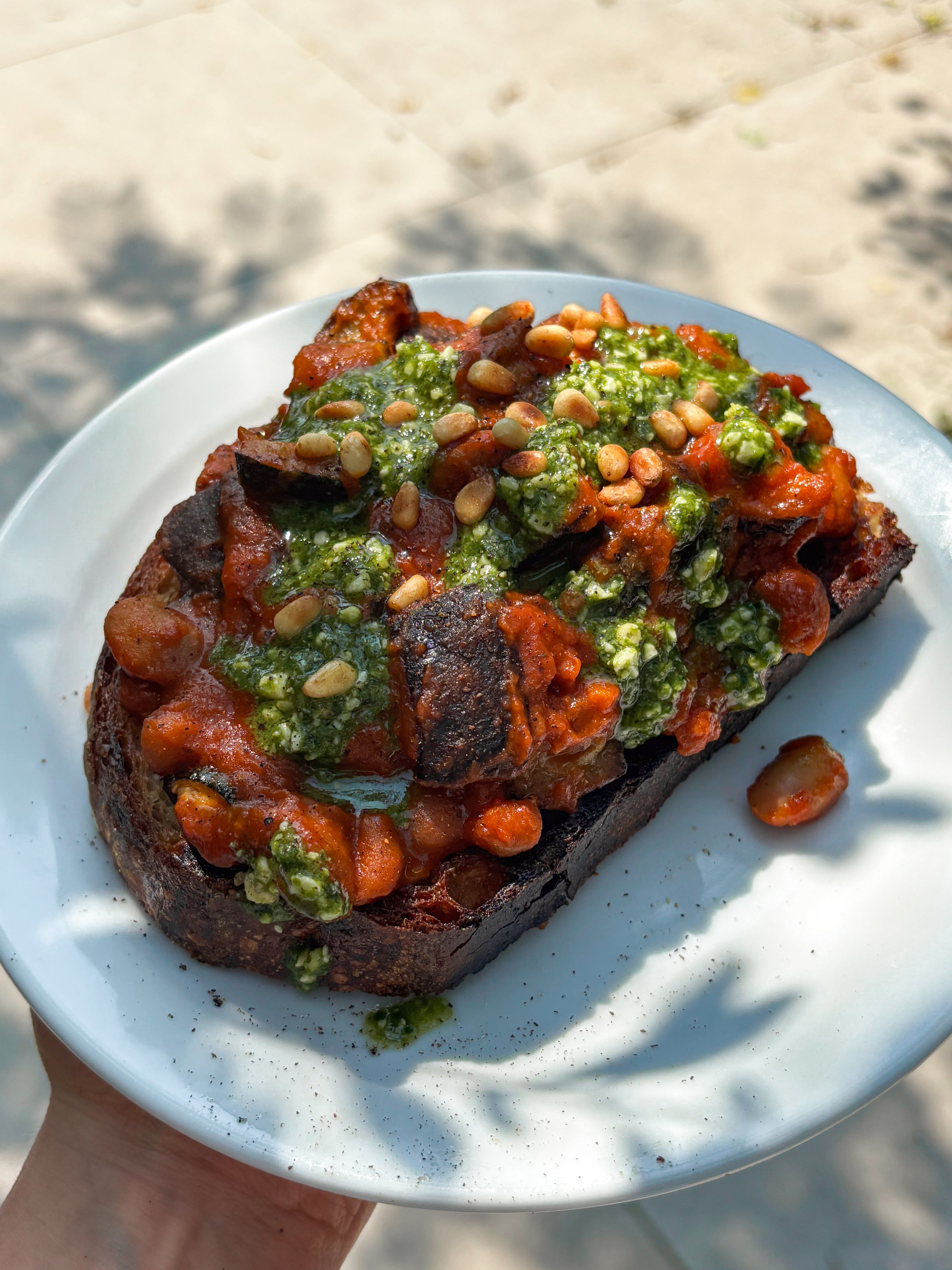 Rich Tomato Baked Beans with Roasted Mediterranean Veg + Basil Pesto