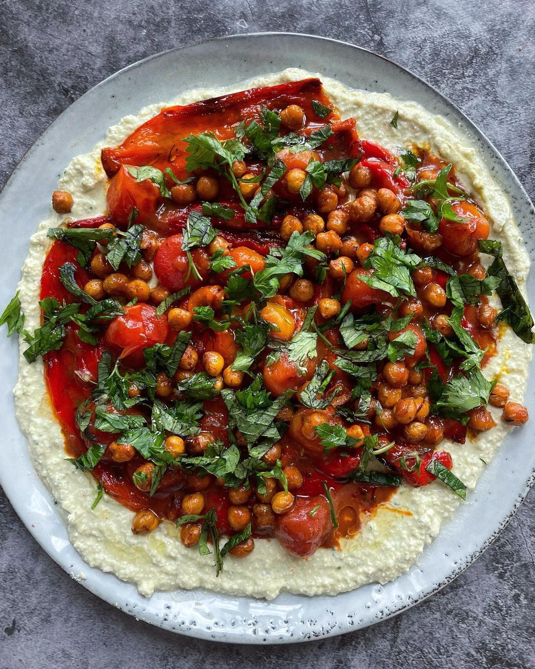 Saffron Roasted Sweet Peppers + Tomatoes with Crispy Chickpeas on a Bed of Whipped Parsley Feta  Bold Bean Co.