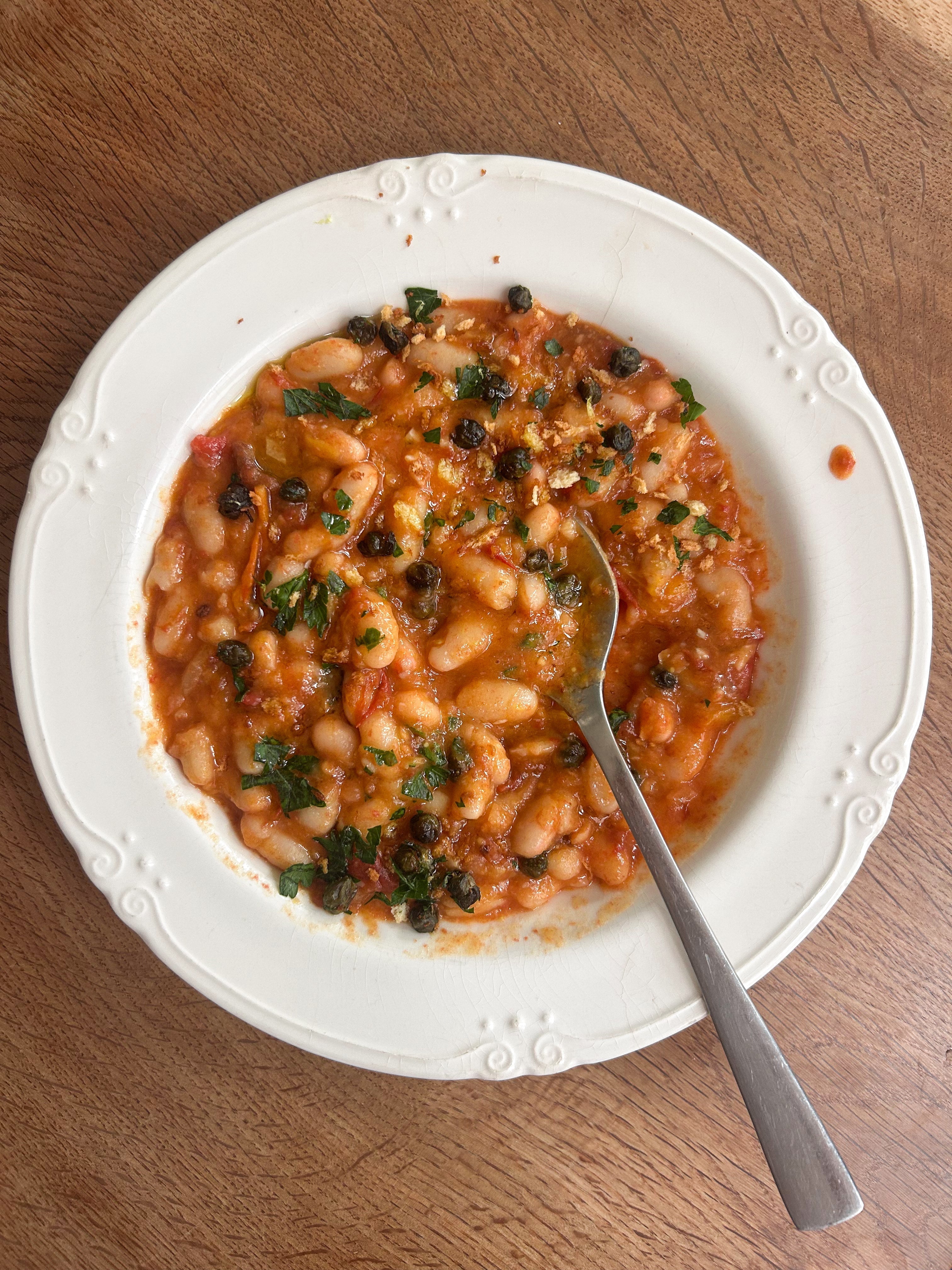 Tomato + Garlic White Beans with Crispy Caper + Parsley Pangrattato