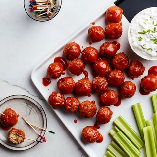 Vegetarian Buffalo Meatballs with Blue Cheese Dip and Celery